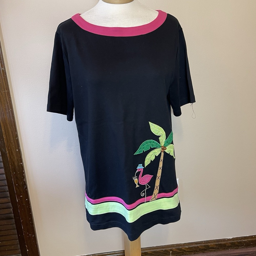 Berek‎ Women's Shirt Size Medium Embroidered Flamingo Black Pink Coconuts Beads